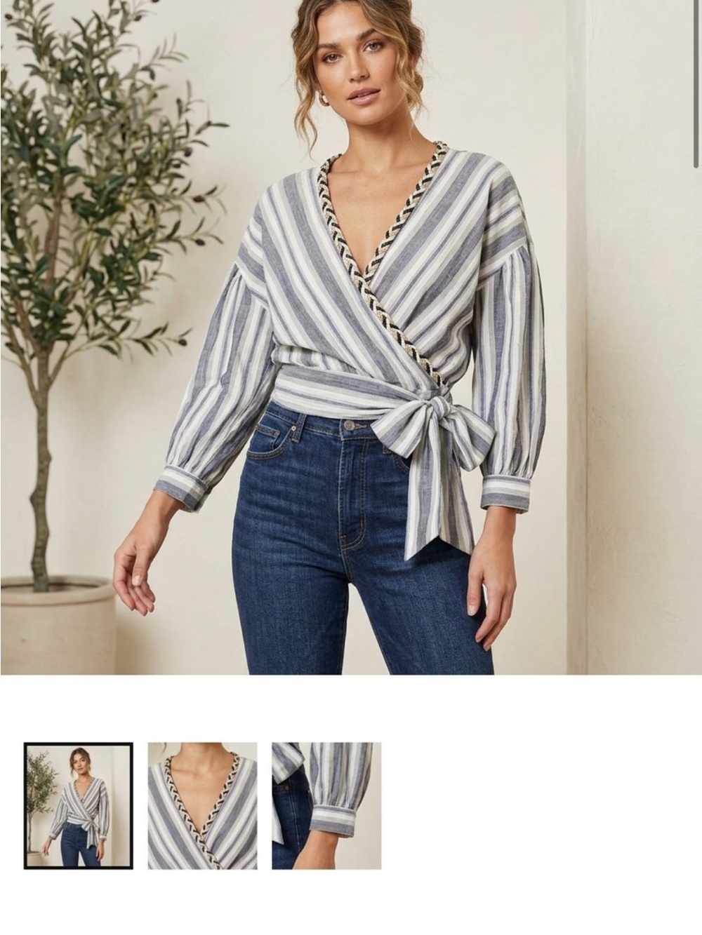 Misa Los Angeles Striped Wrap Blouse in Blue and White